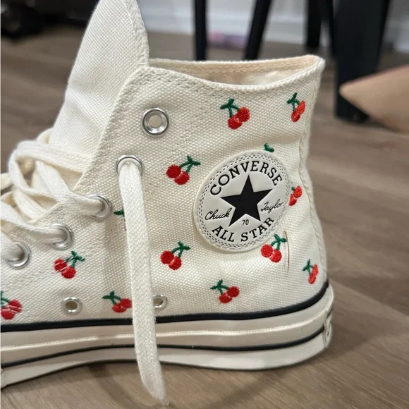 Converse Cream High Top Sneakers with Red Cherry Embroidery - Picture 4 of 9